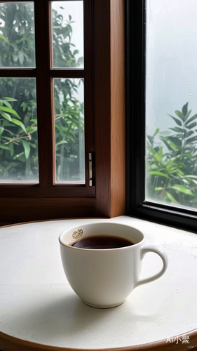 室内圆桌上的咖啡杯与小雨景