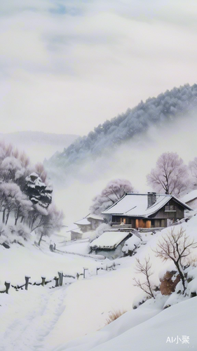 水墨画中的人狗房树雪远景大面积留白