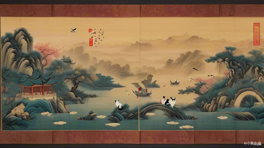 古色宣纸上猫戏闹，仿《清明上河图》风格