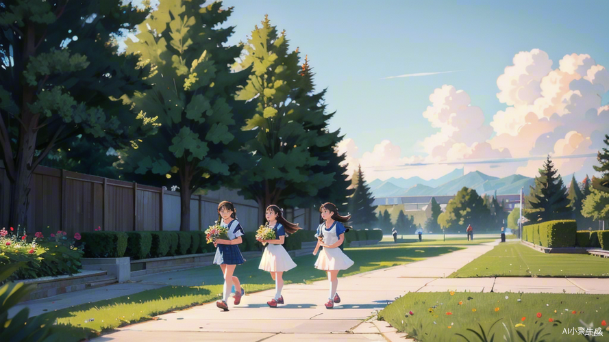 校园外美景中学生漫步