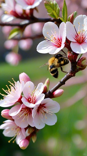 粉色桃花、清澈溪水、微风拂面、绿草如茵、蜜蜂嗡嗡、蝴蝶翩翩、阳光明媚、远处山峦、迷人风景、如诗如画。