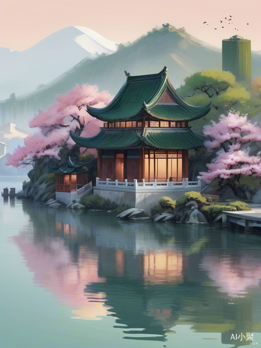 中国风格插图：粉色桃花与传统建筑