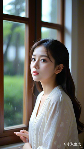 女孩大眼睛下雨房间听歌