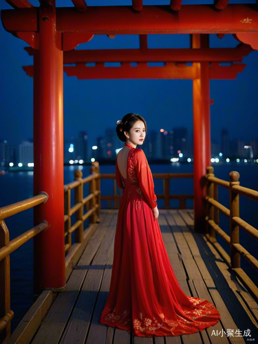 夜晚桥上的中国女孩