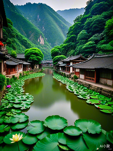 江南水乡全景：莲叶轻摇 青山相映