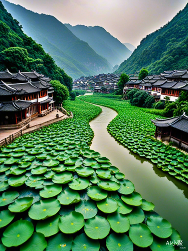 江南水乡全景：莲叶轻摇 青山相映