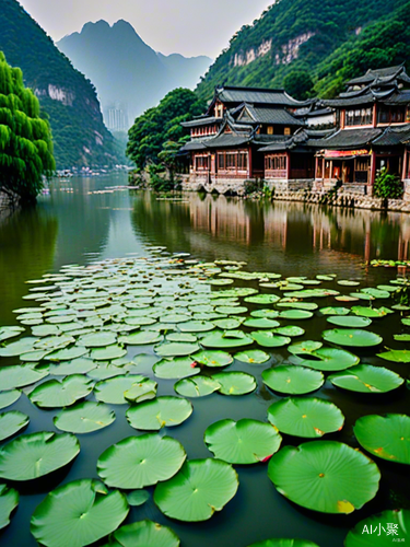 江南水乡全景：莲叶轻摇 青山相映