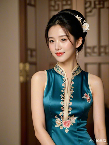 民国美女身穿旗袍手拿圆扇微笑古朴发型