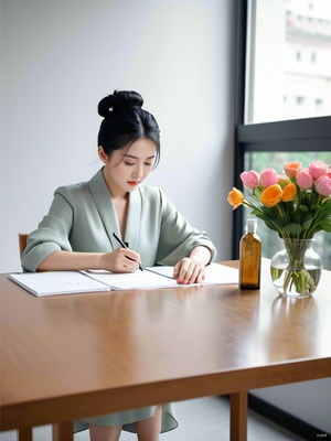 亚洲女性办公室写字,同事旁观