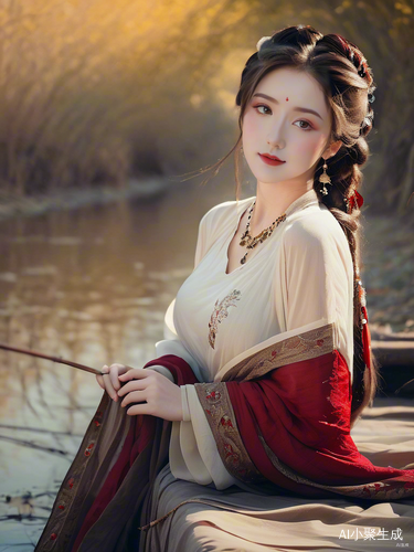 古风美人灯下微笑轻柔光线洒身