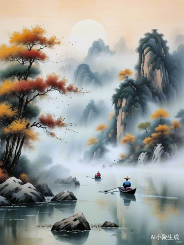 皖南水墨山水画中的诗意江景与炊烟景致