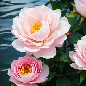 A peony is in full bloom in the water, with a saturated and glossy finish, exquisitely detailed. A grand wide-angle view. Realistic style, cinematic texture, ultra-clear details, a masterpiece.