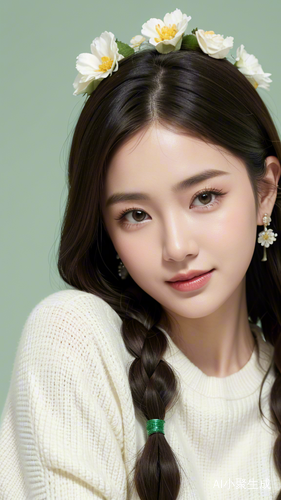 Chinese Beauty with Braided Hair and Pearl Earrings in Green Sweater