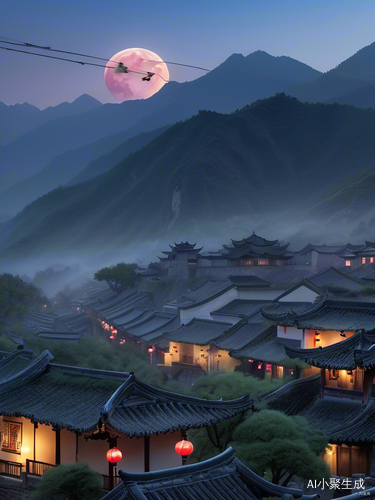 Ancient Chinese Village Surrounded by Tranquil Mountains and Traditional Houses