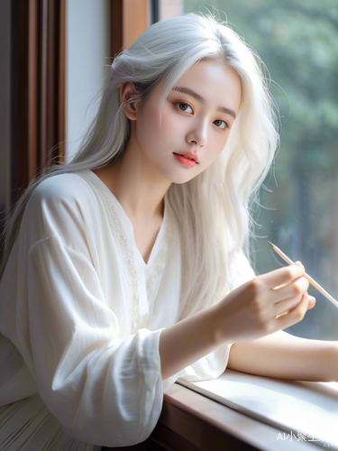 窗台上清冷白发美男子温馨画画的唯美瞬间