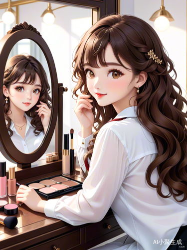 甜美风格女孩坐在镜子前的动漫插画