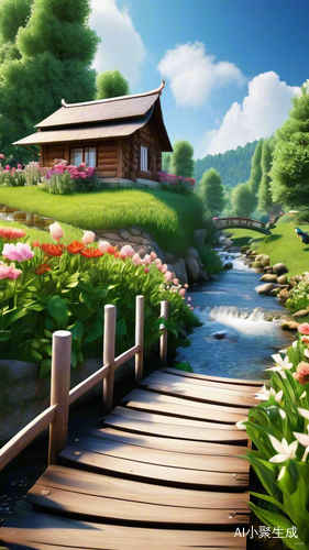 清新自然小木屋与鸟语花香的田园风景