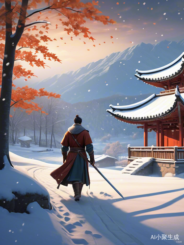 风雪夜归人孤独侠客与飘落枫叶的诗意场景