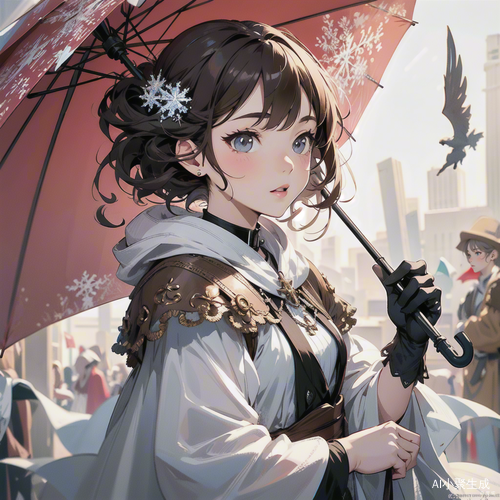 雪花飘落华丽少女在街道上低头沉思