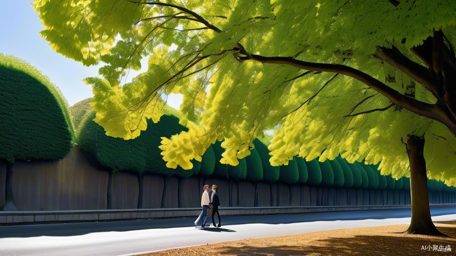 马路边的银杏树和路人的夏日景象