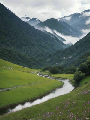 细雨绵绵春意寒，轻烟袅袅绕山间，山谷中隐约传来鸟语花香。蓝灰色的天空中弥漫着湿润的气息，微风轻拂着细雨滴在花瓣上。湿润的草地上，翠绿的小草仍然挺立着，它们身上沾满了雨露的痕迹。水滴顺着叶片滚落，在细雨中形成美丽的水珠。山间的青石路上映着微弱的光芒，被细雨洗涤得更加干净。在这样的春天，小鸟们在树梢上低语，花朵们含苞待放，山间弥漫着一片神秘而宁静的氛围。