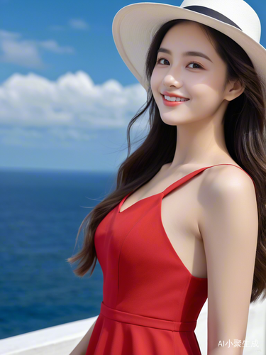 红裙女孩微笑面向大海蓝天白云的浪漫治愈风景