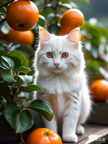 小院中的柿子雨与小猫和老人