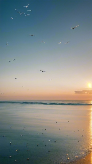 A flock of seagulls flying over the sea, a pier with concrete walls on one side and an evening sky with dark clouds in front of it, a wide view of the scene, the sun setting behind the horizon, the water reflecting light from above, the birds looking for food among various shore particles, a calm ocean under the cloudy sky, a panoramic view capturing the beauty of nature in the style of an impressionist artist.