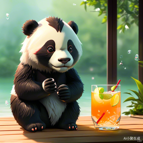 小熊猫与玻璃杯青柠檬樱桃气泡水的浪漫时光