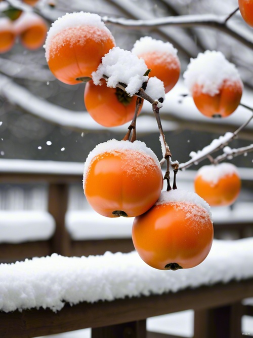 一颗柿子树挂满柿子，下雪，厚厚白雪，江南小镇，雪花，摄影