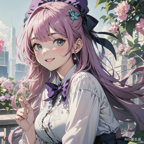 渐变色头发与翠绿色花边衣服的无忧笑容
