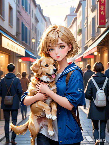 短发少女牵金毛在热闹大街