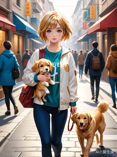 短发少女牵金毛在热闹大街