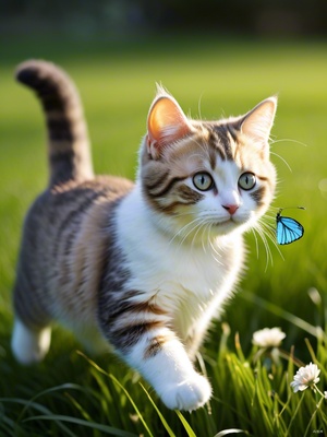 三个月大的布偶猫在草地上追逐蝴蝶