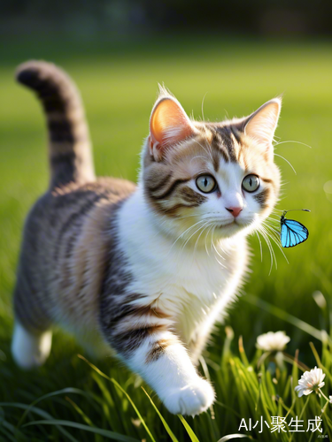 三个月大的布偶猫在草地上追逐蝴蝶