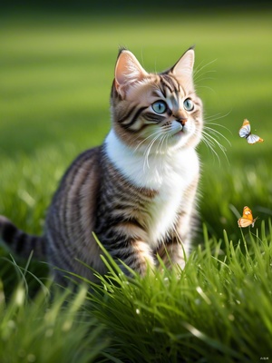 三个月大的布偶猫在草地上追逐蝴蝶
