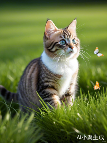 三个月大的布偶猫在草地上追逐蝴蝶