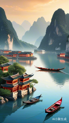 国潮插画中的中式山水意境与小船