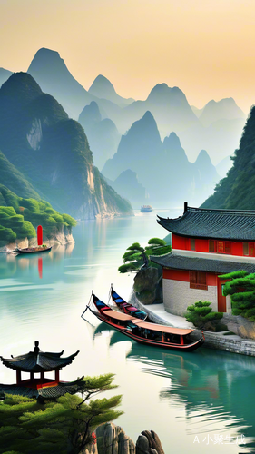 国潮插画中的中式山水意境与小船