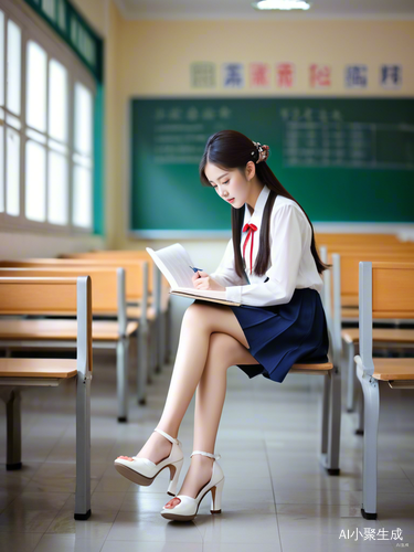 校园教室光脚穿高跟鞋的中国初中女孩写作业