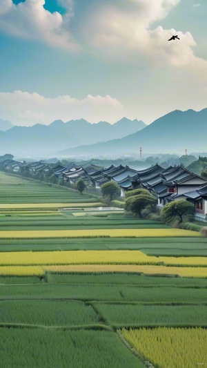 绿色稻田，近处有黄色稻草人，蓝天白云有鸟飞过，远处是白墙灰瓦，江南建筑，没有山，远处没有山