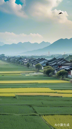 江南绿色稻田景色稻草人蓝天白云与远方建筑