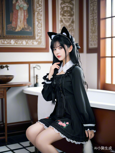 可爱女孩黑色洛丽塔风格浴室场景动漫插画