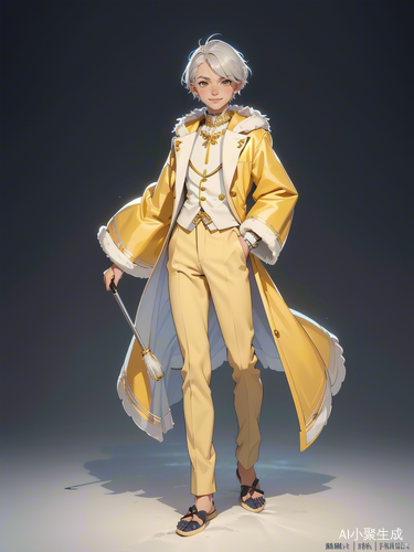 四岁男孩银发短发蓬松头金色眼睛黄衣服全身像