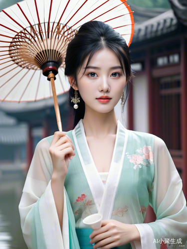 油纸伞下的绝美女人浅色汉服与烟雨江南