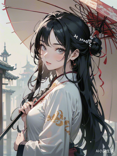 油纸伞下的绝美女人浅色汉服与烟雨江南