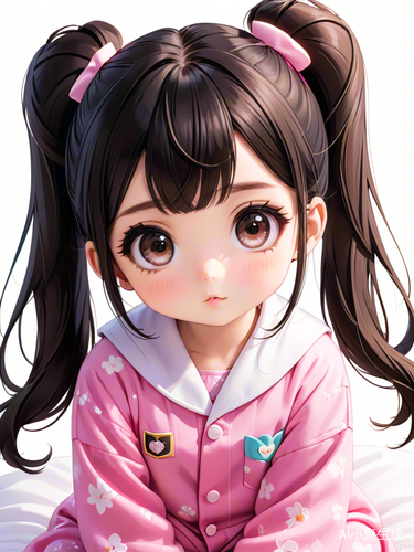 大眼萝莉黑色双马尾粉色睡衣萌妹子