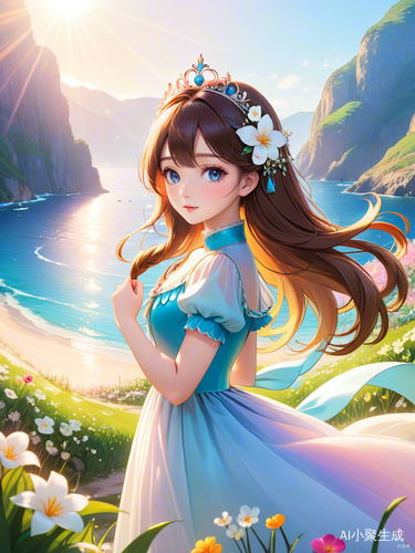 春天白色背景下的瘦公主与花海和彩虹