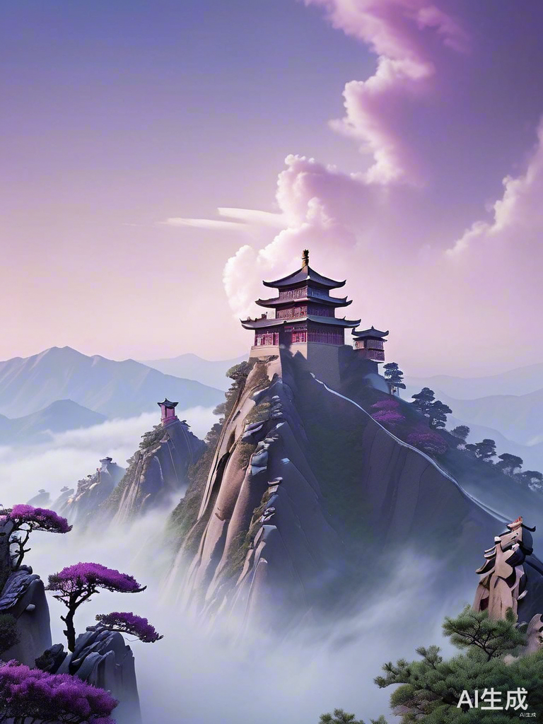 庐山香炉峰的紫色烟霞与阳光云雾