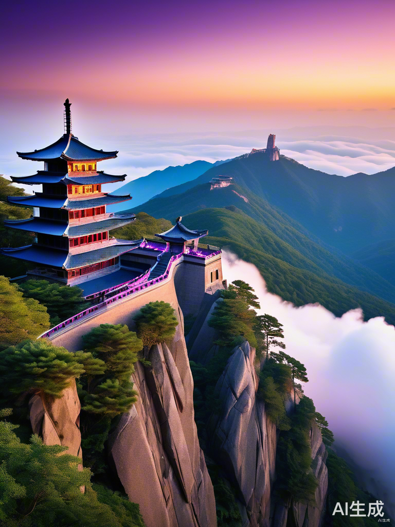 庐山香炉峰的紫色烟霞与阳光云雾